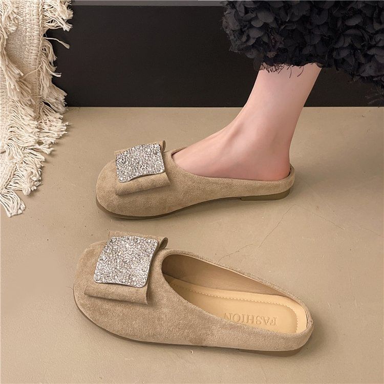 Round Flat Mules Rhinestone Toe