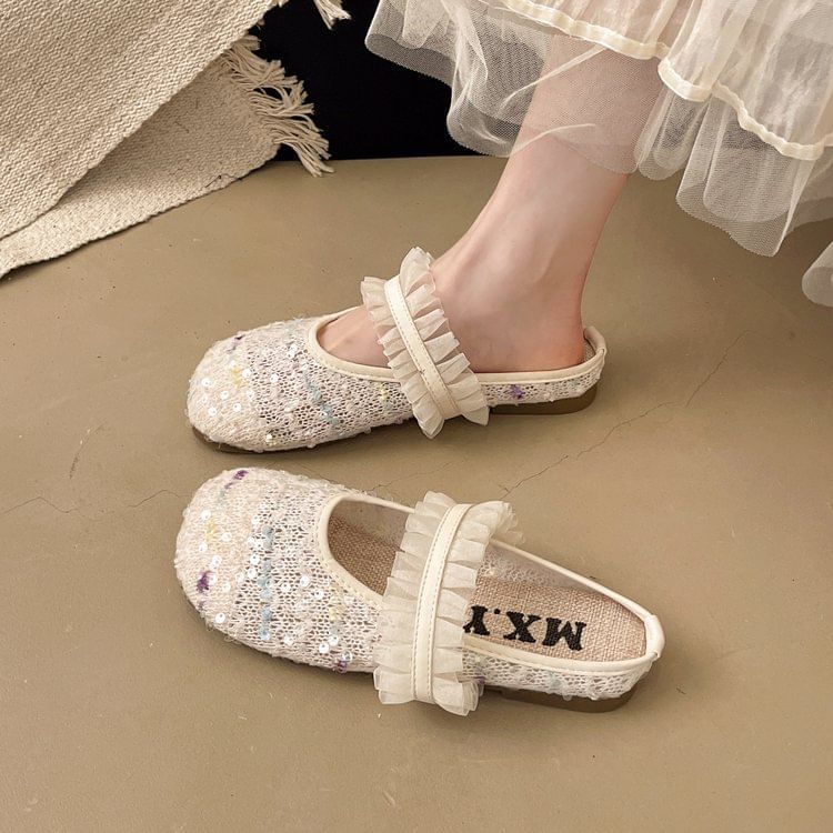 Mary Toe Mules Round Mesh Jane Sequin
