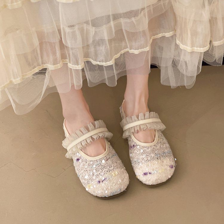 Mary Toe Mules Round Mesh Jane Sequin