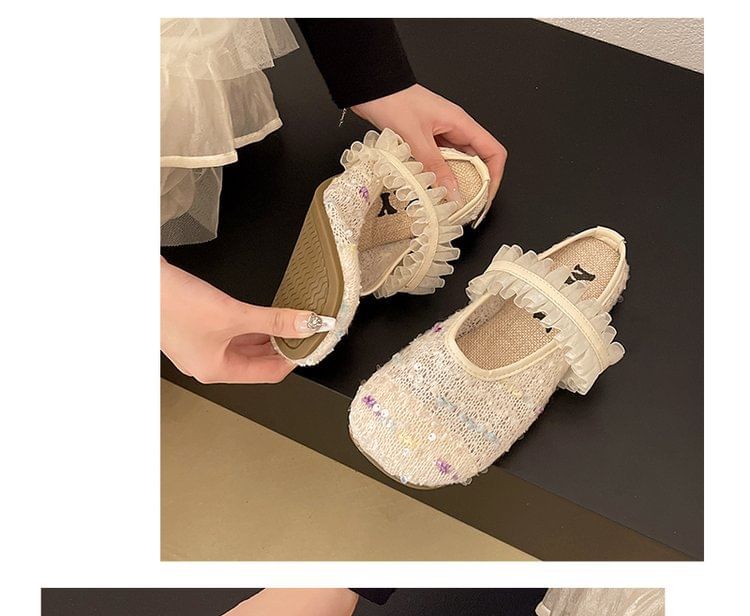 Mary Toe Mules Round Mesh Jane Sequin