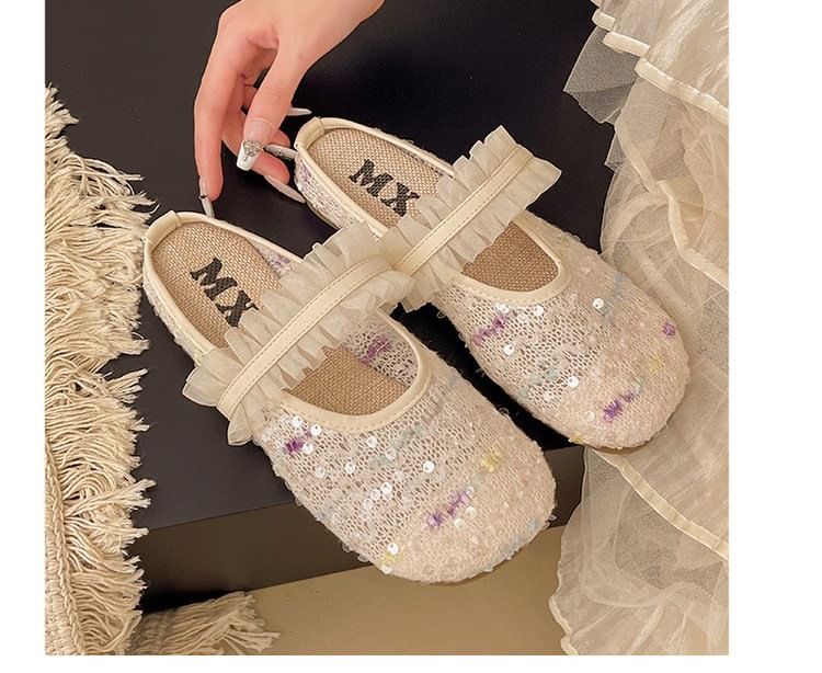 Mary Toe Mules Round Mesh Jane Sequin