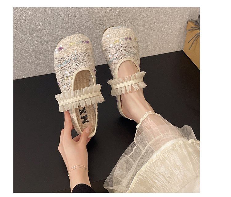 Mary Toe Mules Round Mesh Jane Sequin