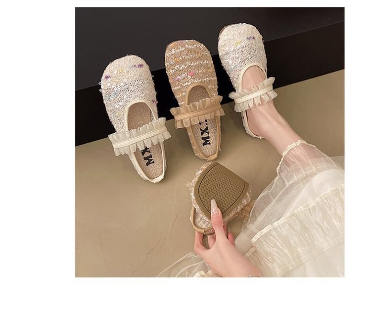 Mary Toe Mules Round Mesh Jane Sequin