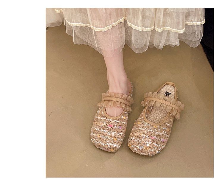 Mary Toe Mules Round Mesh Jane Sequin