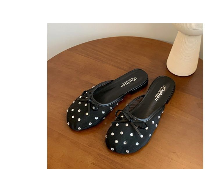 Rhinestone Bow Mesh Mules