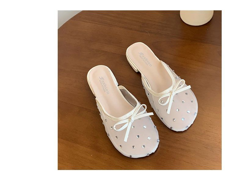 Rhinestone Bow Mesh Mules