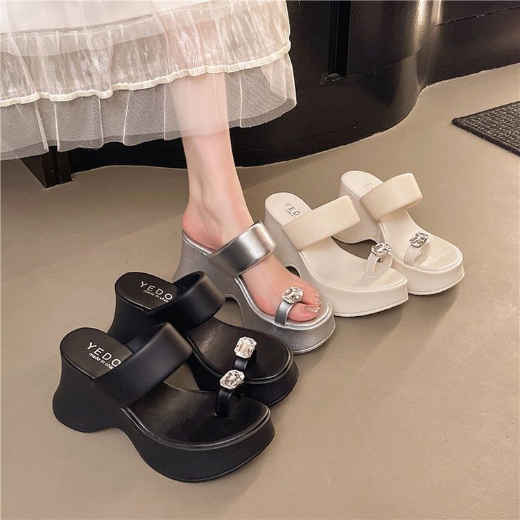 Rhinestone Wedge Sandals Heel Toe Loop Slide Platform