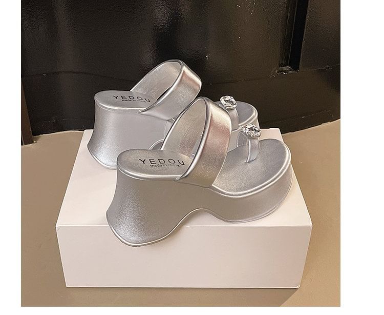 Rhinestone Wedge Sandals Heel Toe Loop Slide Platform