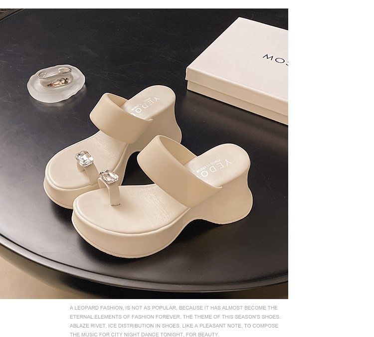 Rhinestone Wedge Sandals Heel Toe Loop Slide Platform