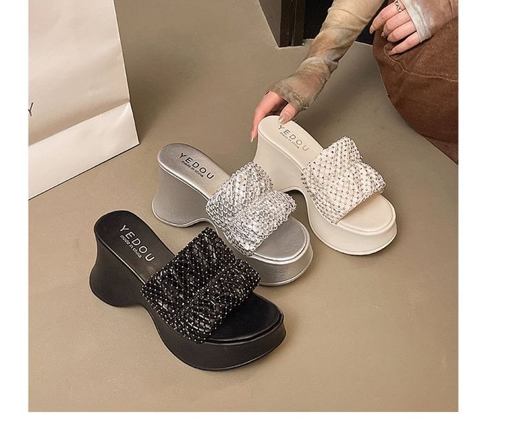 Heel Rhinestone Slide Wedge Sandals Platform