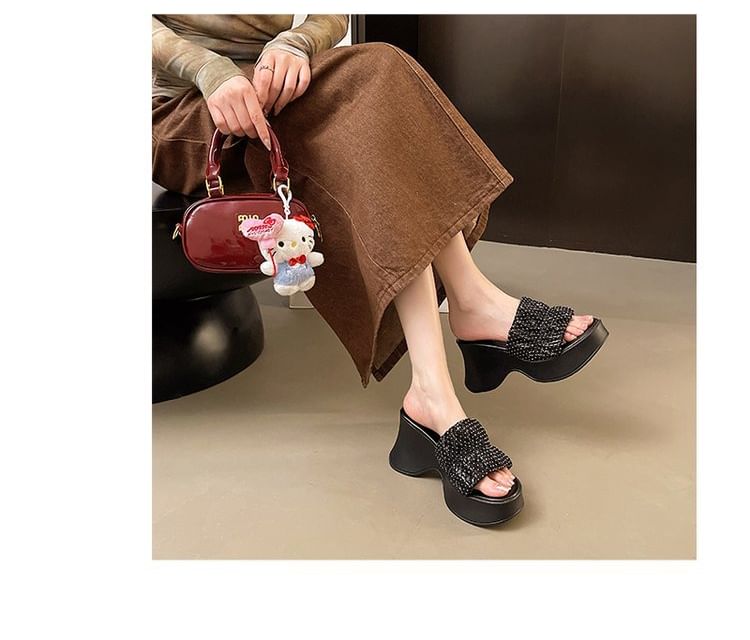 Heel Rhinestone Slide Wedge Sandals Platform