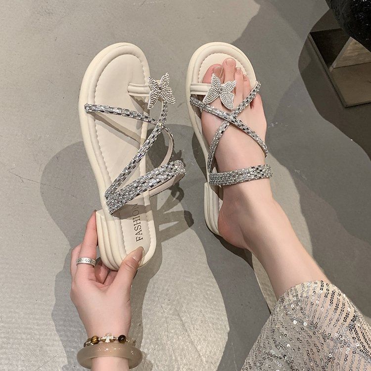 Loop Butterfly Cross Toe Sandals Slide Rhinestone Criss