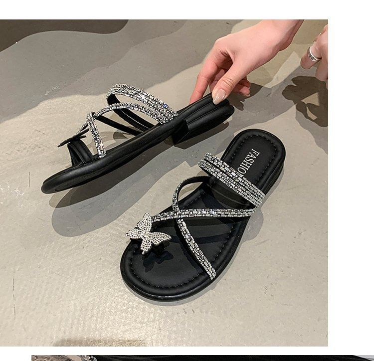 Loop Butterfly Cross Toe Sandals Slide Rhinestone Criss