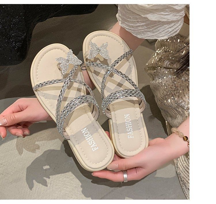 Loop Butterfly Cross Toe Sandals Slide Rhinestone Criss