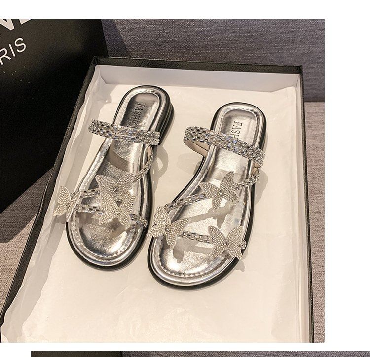 Strappy Rhinestone Sandals Slide Butterfly
