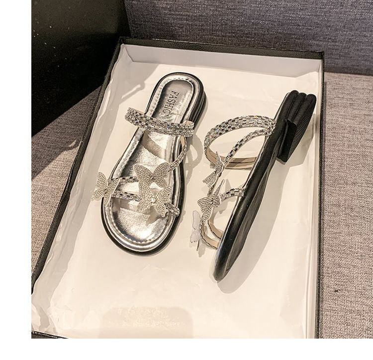 Strappy Rhinestone Sandals Slide Butterfly