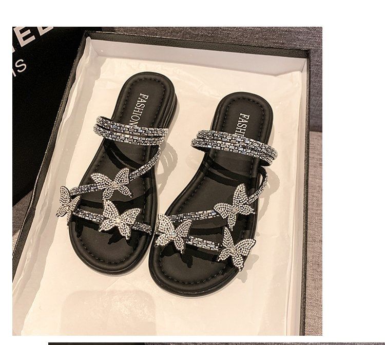 Strappy Rhinestone Sandals Slide Butterfly
