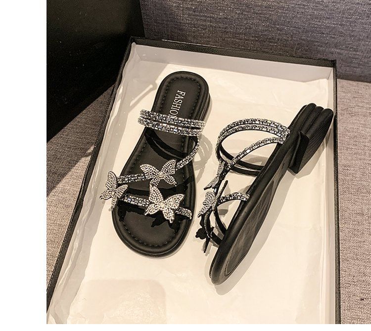 Strappy Rhinestone Sandals Slide Butterfly