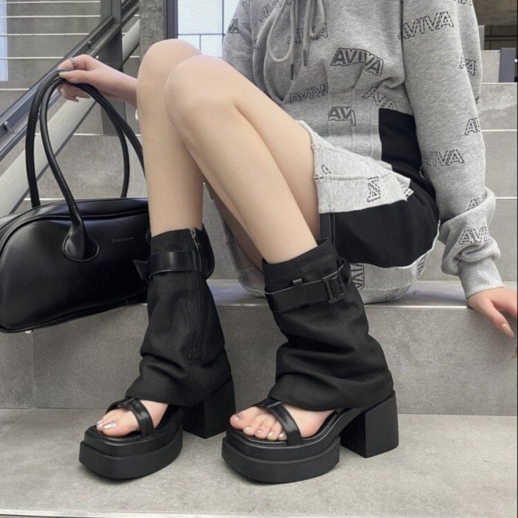 Buckled Chunky Heel Sandals + Slingback Warmers Platform Set: Leg