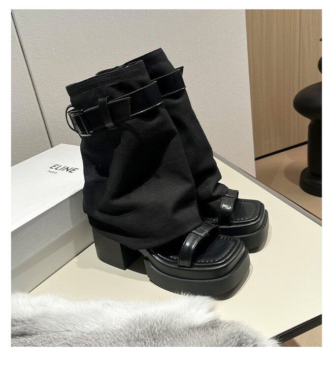 Buckled Chunky Heel Sandals + Slingback Warmers Platform Set: Leg