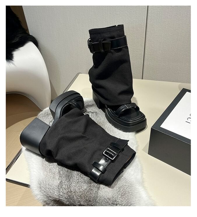 Buckled Chunky Heel Sandals + Slingback Warmers Platform Set: Leg