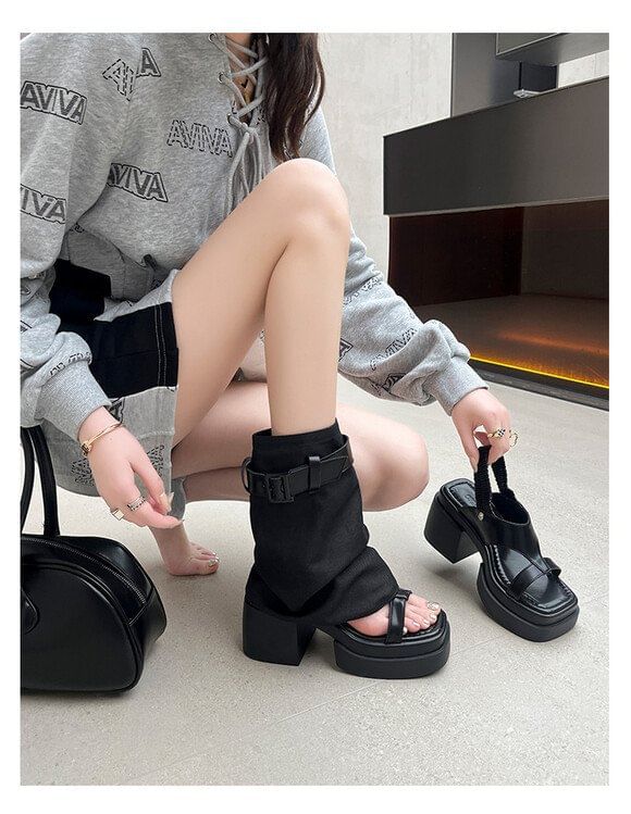 Buckled Chunky Heel Sandals + Slingback Warmers Platform Set: Leg