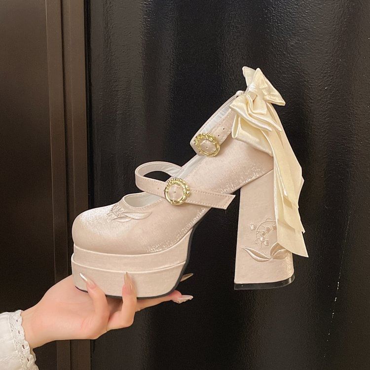 Mary Chunky Heel Bow Platform Embroidered Jane Shoes