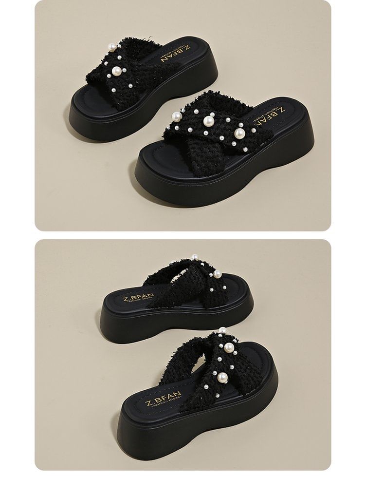 Criss Platform Sandals Slide Cross Faux Pearl