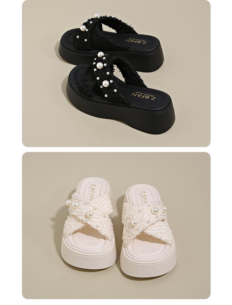Criss Platform Sandals Slide Cross Faux Pearl