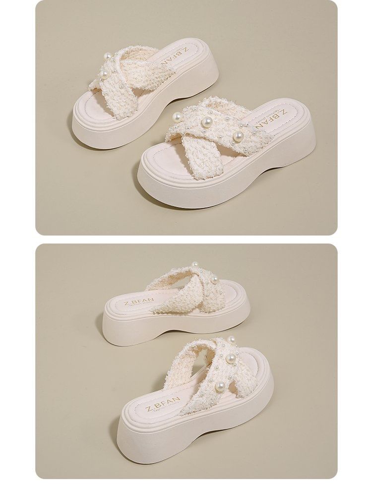 Criss Platform Sandals Slide Cross Faux Pearl