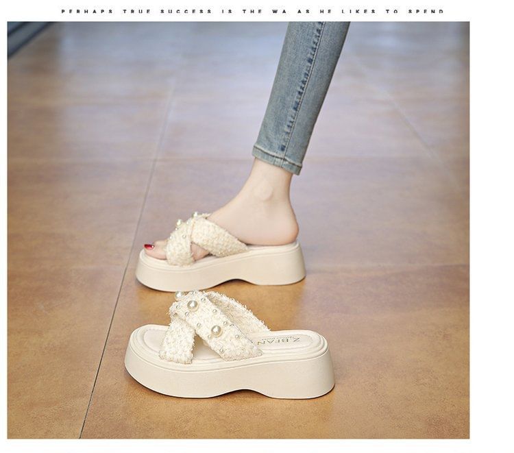 Criss Platform Sandals Slide Cross Faux Pearl