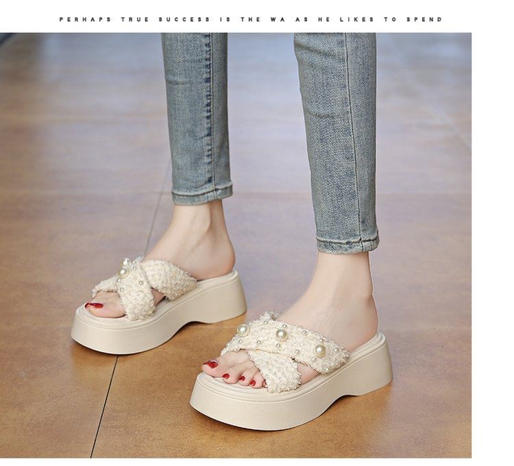Criss Platform Sandals Slide Cross Faux Pearl