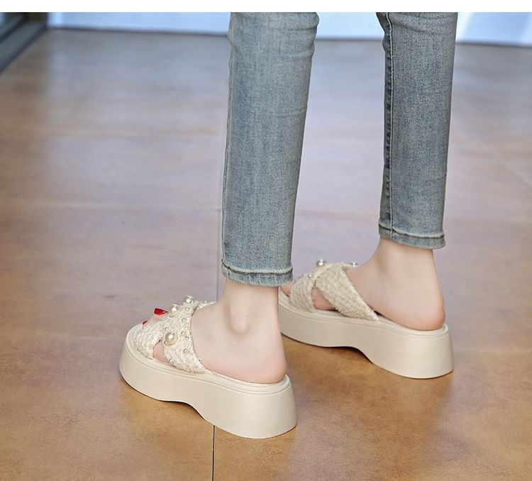 Criss Platform Sandals Slide Cross Faux Pearl