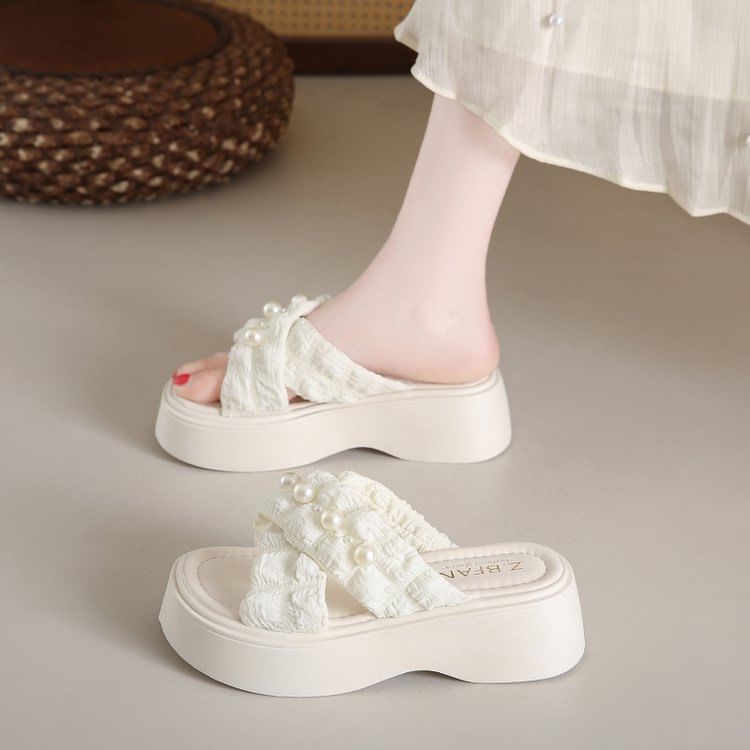 Pearl Cross Slide Faux Sandals Criss Platform
