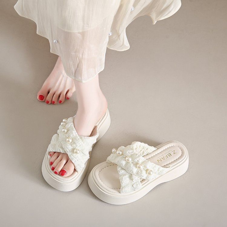Pearl Cross Slide Faux Sandals Criss Platform