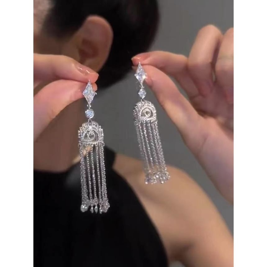 Earring Rhinestone Fringed Alloy
