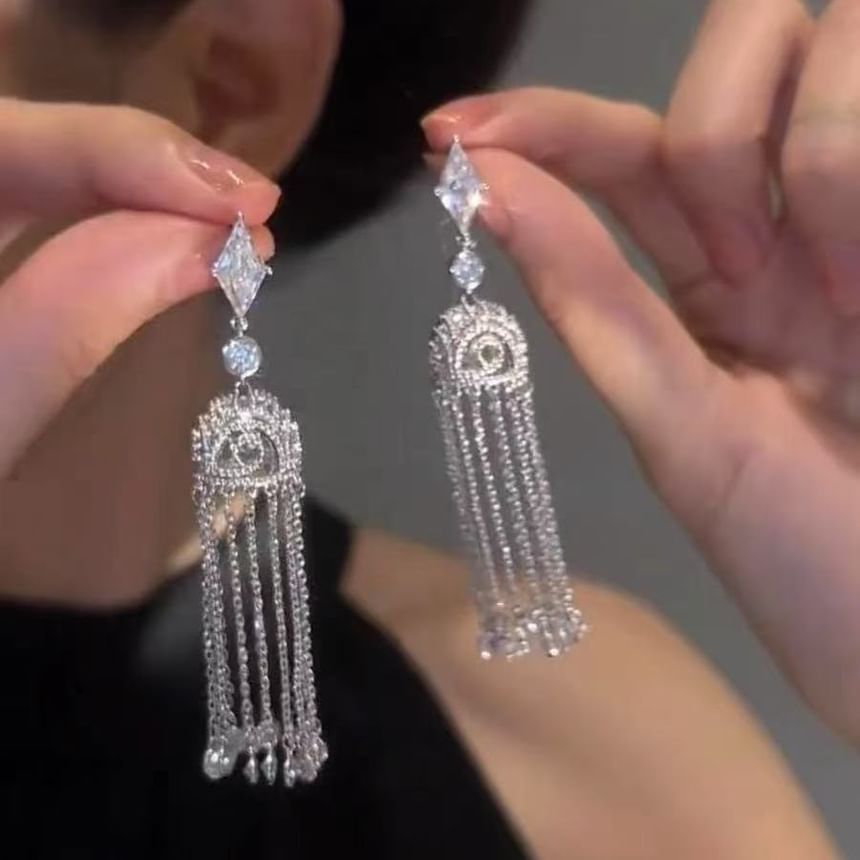Earring Rhinestone Fringed Alloy