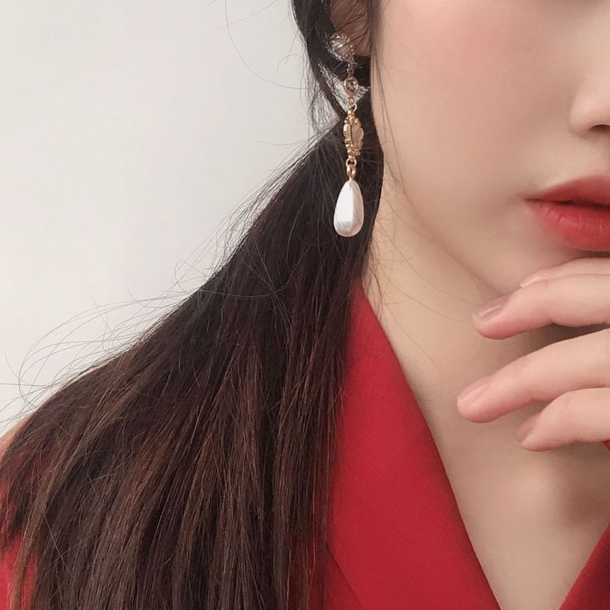 Faux Pearl Dangle Heart Earring Alloy Rhinestone