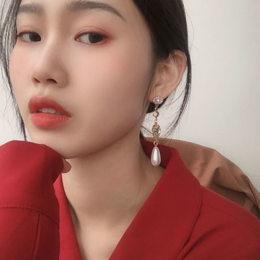 Faux Pearl Dangle Heart Earring Alloy Rhinestone