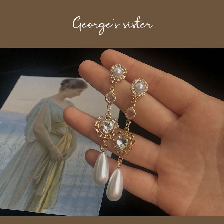 Faux Pearl Dangle Heart Earring Alloy Rhinestone