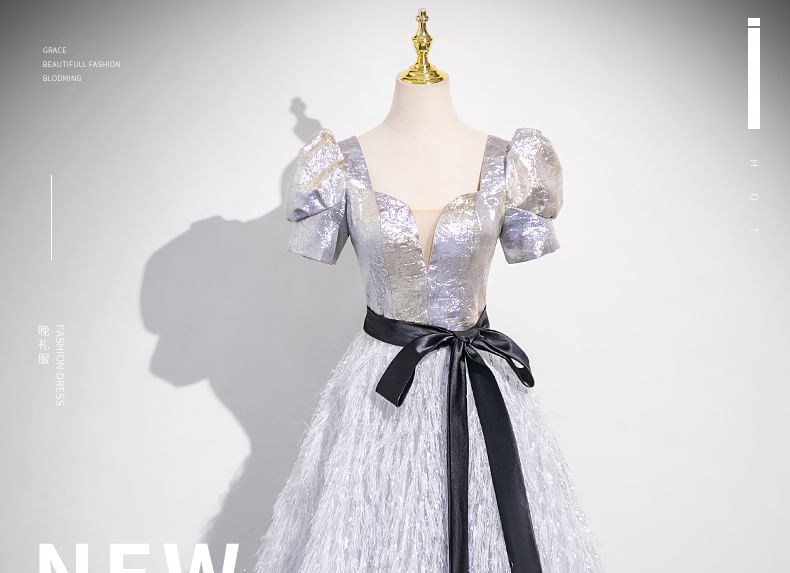 Short-Sleeve Square Neck Glitter Fringe A-Line Evening Gown