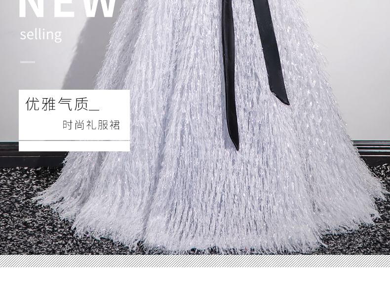 Short-Sleeve Square Neck Glitter Fringe A-Line Evening Gown