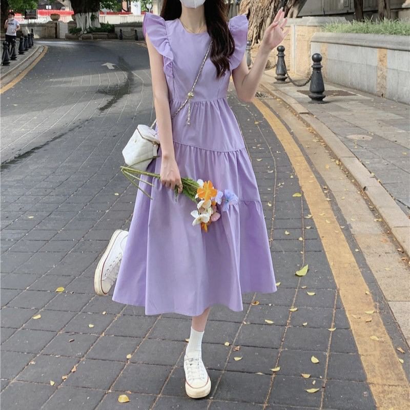 Tiered Cap-Sleeve Dress A-Line Neck Trim Plain Midi Round Ruffle