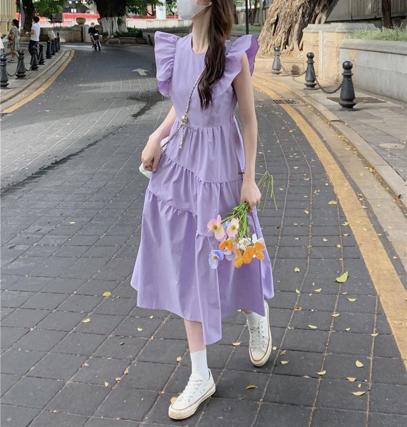 Tiered Cap-Sleeve Dress A-Line Neck Trim Plain Midi Round Ruffle