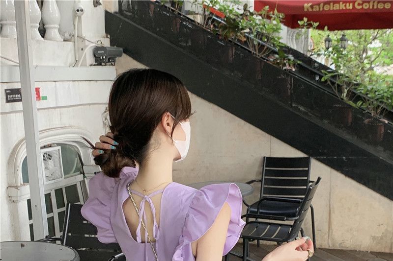 Tiered Cap-Sleeve Dress A-Line Neck Trim Plain Midi Round Ruffle