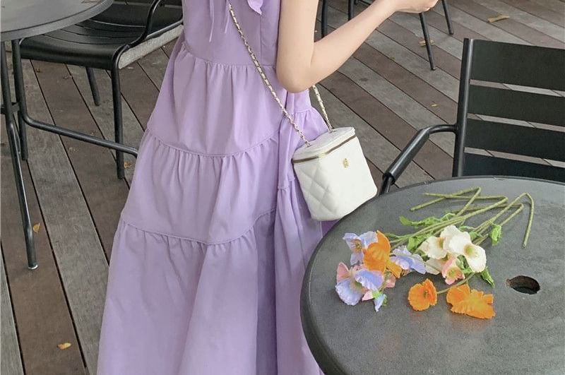 Tiered Cap-Sleeve Dress A-Line Neck Trim Plain Midi Round Ruffle