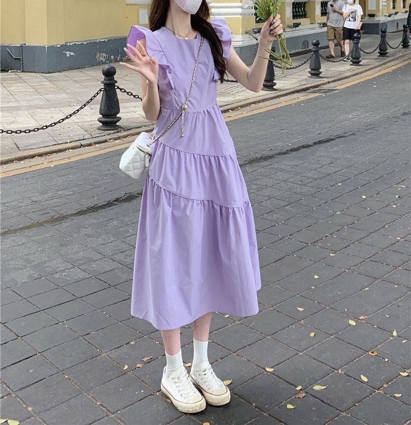 Tiered Cap-Sleeve Dress A-Line Neck Trim Plain Midi Round Ruffle
