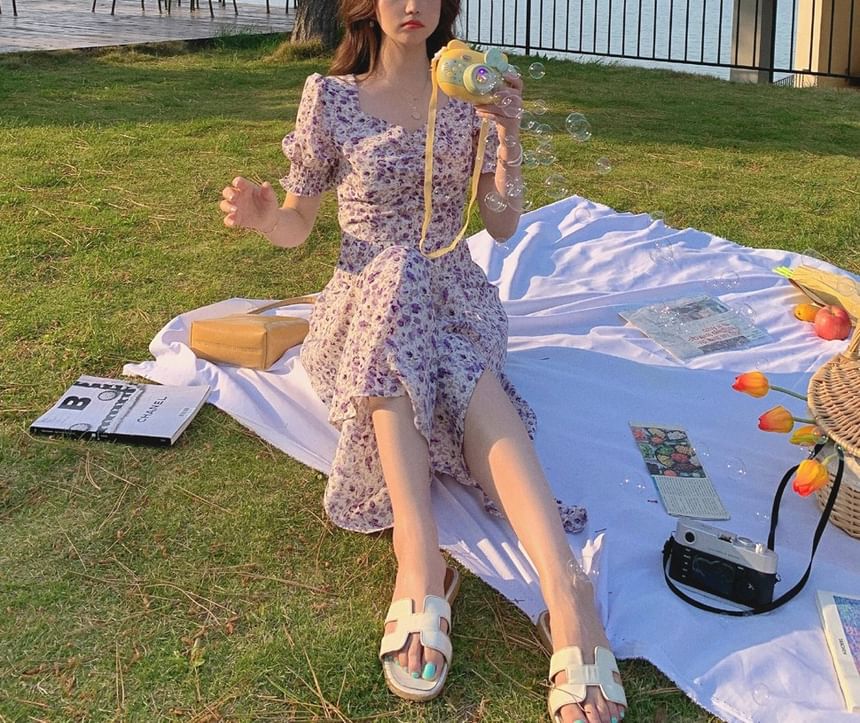 Midi Slit Floral Puff-Sleeve Dress A-Line