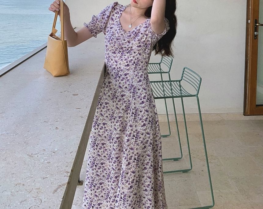 Midi Slit Floral Puff-Sleeve Dress A-Line