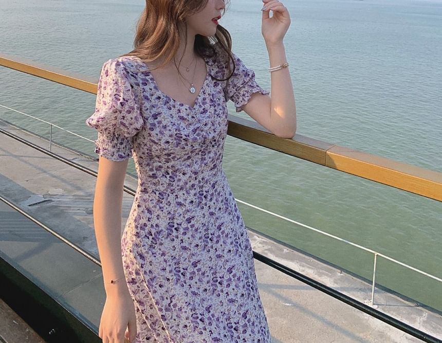 Midi Slit Floral Puff-Sleeve Dress A-Line